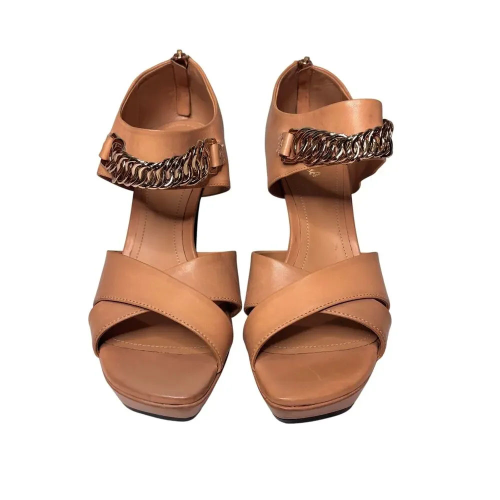 Tod’s Tan, Nude Leather Gold Chain Link Platform Heeled Sandals 39